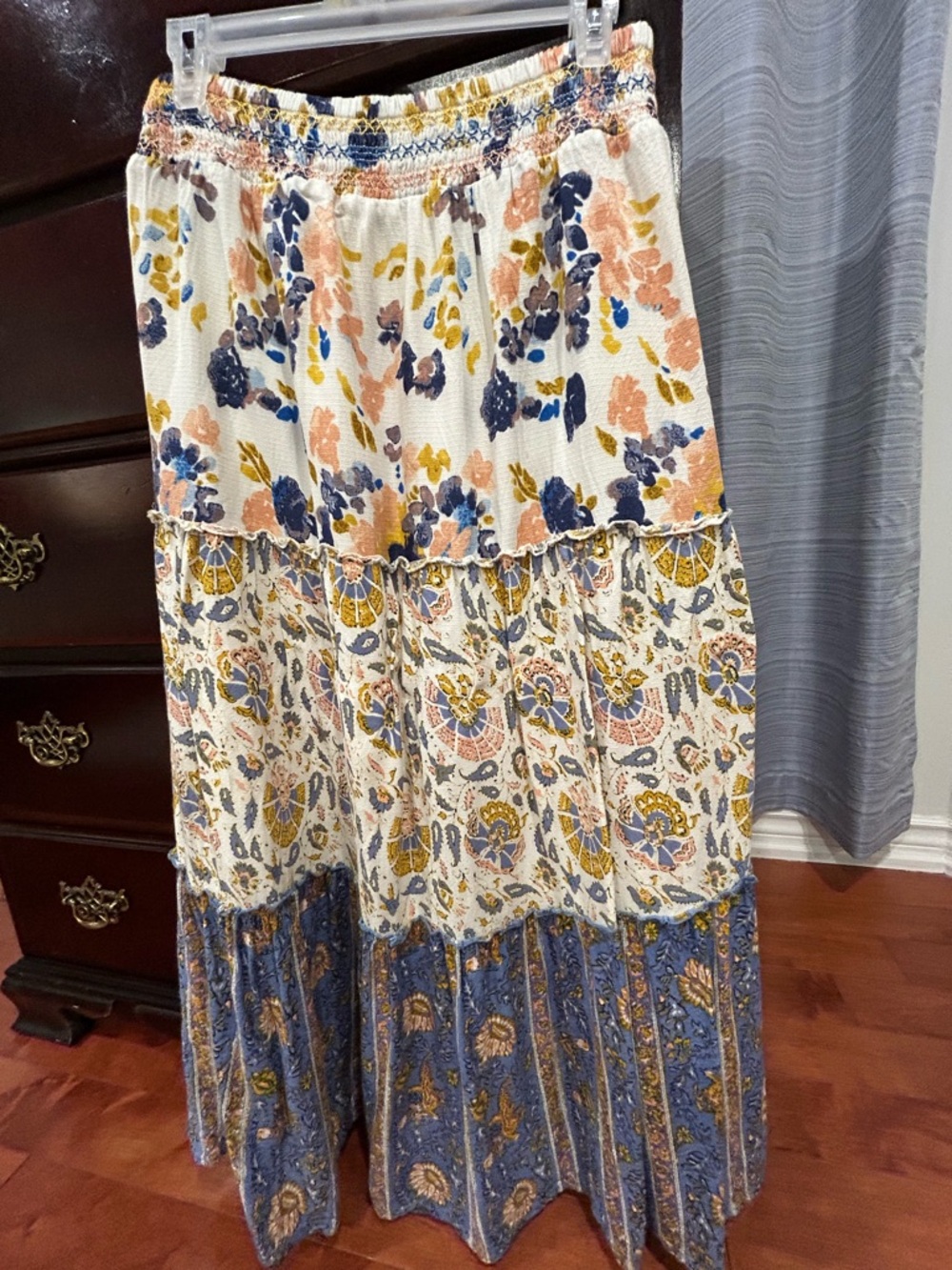 Tiered Floral Boho Maxi Skirt in Cream and Blue